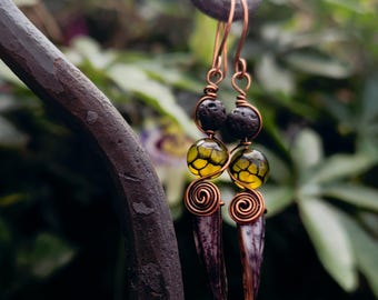 Lava Agate Mother of Pearl Dragon Tooth Earrings: Antiqued Copper Wire Weave, Fairycore Jewellery