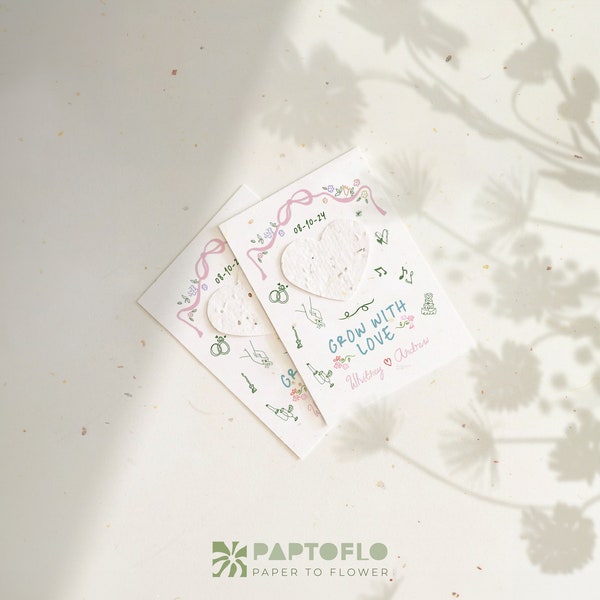 Cadeaux d'inspiration personnalisés de style français, illustration de style vintage, cadeau personnalisable en papier pour graines de mariage, cadeau en papier pour graines à planter pour laisser l'amour grandir