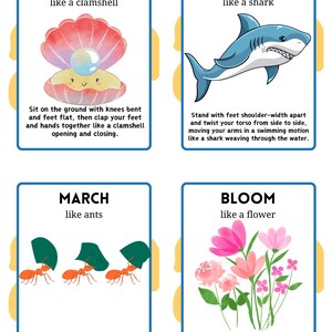 May include: Four colorful cards with instructions for a game. Each card has a different action to perform, such as "clap like a clamshell", "twist like a shark", "march like ants", and "bloom like a flower".