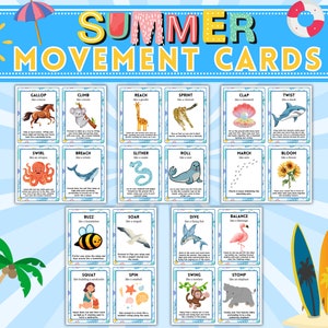 May include: A set of 16 colorful summer movement cards featuring animals and activities. Each card has a different animal and action, such as gallop like a horse, climb like a koala, reach like a giraffe, sprint like a cheetah, clap like a seashell, twist like a shark, swirl like an octopus, breach like a whale, slither like a snake, roll like a seal, march like a marching ant, bloom like a flower, soar like a seagull, dive like a flying fish, balance like a flamingo, squat like a turtle, spin like a starfish, swing like a monkey, and stomp like an elephant.