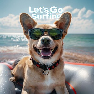 May include: A smiling dog wearing sunglasses and a black collar with a red pattern, resting on a gray and red inflatable raft. The text "Let's Go Surfing" is above the dog's head. The background shows the ocean and sky.