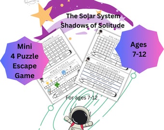 May include: A printable escape room game for ages 7-12 with a space theme. The game includes four puzzles: a scramble, a rebus puzzle, a polybius square, and an atbash alphabet. The title of the game is "The Solar System: Shadows of Solitude".
