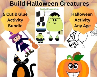Knutselbundel met Halloween-wezens: heks, vleermuis, pompoen (digitale download)