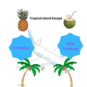 May include: A blue airplane with a pineapple and a coconut drink on either side. The text "Tropical Island Escape" is above the airplane. The text "9 Puzzles" is in a blue circle on the left side of the airplane. The text "Ages 7 and up" is in a blue circle on the right side of the airplane.