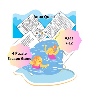 May include: An illustration of two girls swimming in a pool. The image is surrounded by a pink and orange border with the text "4 Puzzle Escape Game" and "Ages 7-12". There are four puzzle pages visible in the background, including a word scramble, a rebus puzzle, a polybius square, and a "Just Puzzles" page.