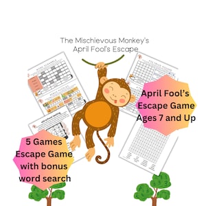 Puede incluir: Un juego de escape imprimible para niños de 7 años en adelante con un mono travieso colgado de una enredadera. El juego incluye 5 juegos, una búsqueda de palabras y un cuadrado de Polibio. El título del juego es "April Fool's Escape Game".