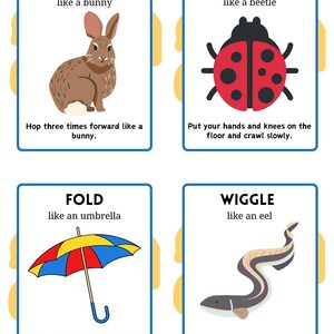 May include: Four colorful cards with instructions for different movement activities. Each card features an illustration of an animal or object: a bunny, a ladybug, an umbrella, and an eel. The text on the cards includes the name of the movement, a description of how to perform it, and a comparison to the animal or object.
