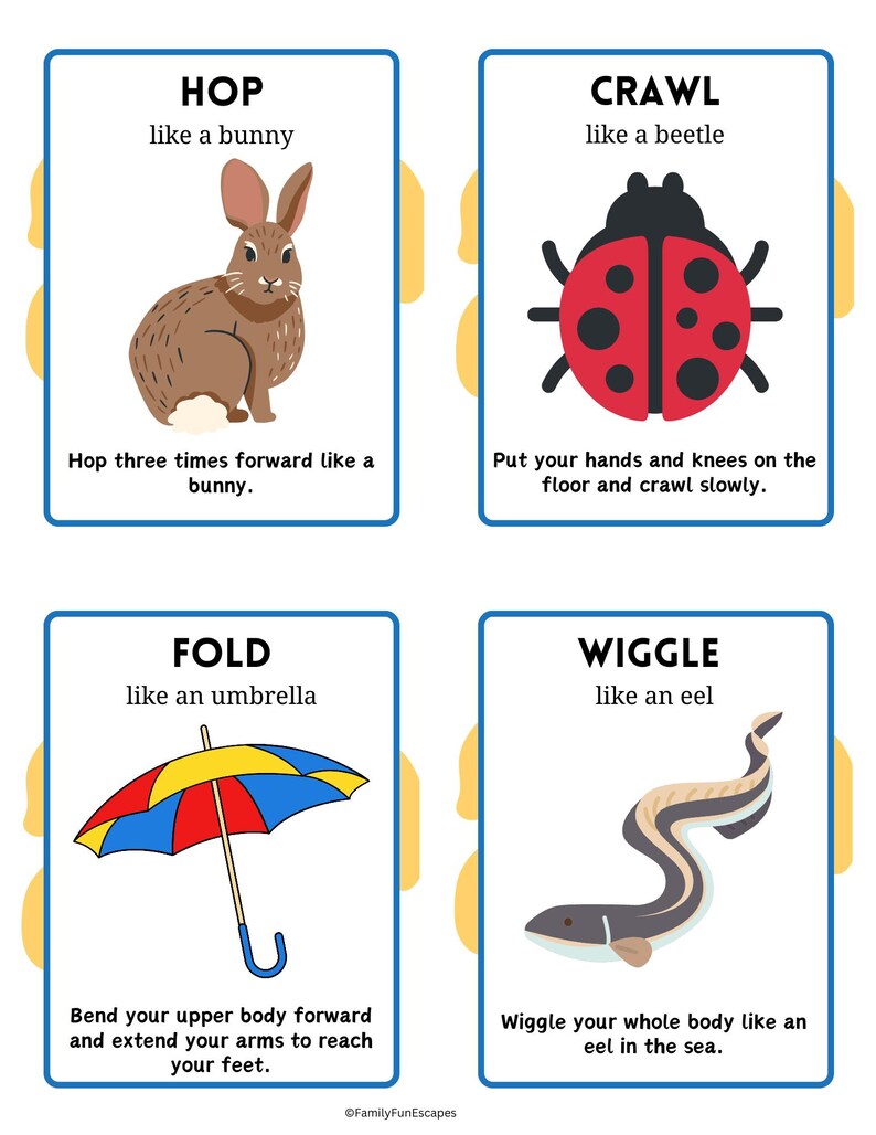 May include: Four colorful cards with instructions for different movement activities. Each card features an illustration of an animal or object: a bunny, a ladybug, an umbrella, and an eel. The text on the cards includes the name of the movement, a description of how to perform it, and a comparison to the animal or object.
