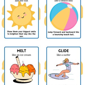 May include: Four colorful cards with instructions for a game. Each card has a different action to perform, such as "Smile like the sun" or "Bounce like a beach ball".