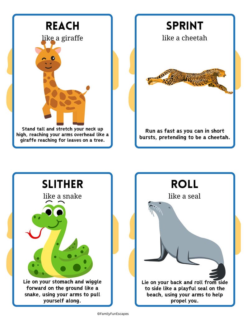 May include: Four colorful cards with animal illustrations and instructions for a movement game. The cards are yellow, blue, and orange. The animals are a giraffe, cheetah, snake, and seal. The text on the cards reads "Reach like a giraffe", "Sprint like a cheetah", "Slither like a snake", and "Roll like a seal".