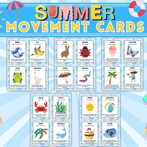 May include: A set of 16 colorful cards with summer-themed illustrations and movement prompts. Each card features a different animal or object and a corresponding action, such as "Bend like a wave" or "Fly like a bird".