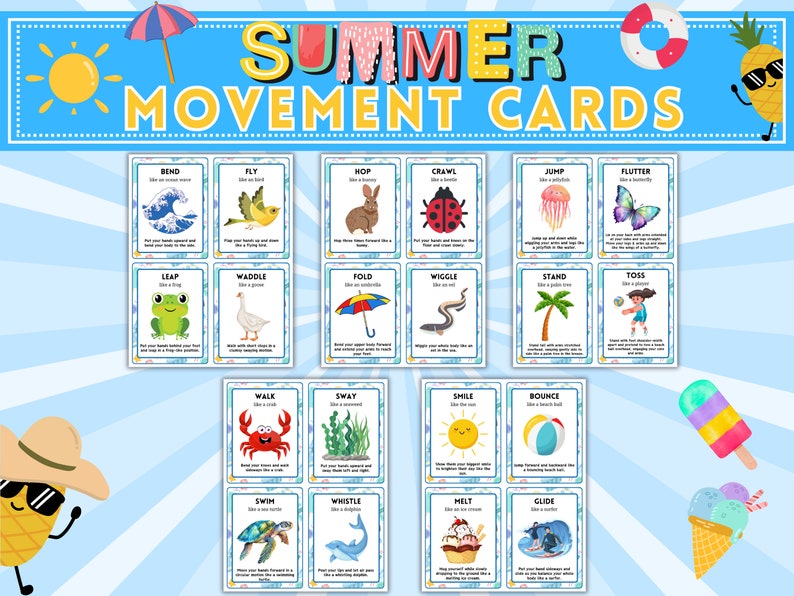 May include: A set of 16 colorful cards with summer-themed illustrations and movement prompts. Each card features a different animal or object and a corresponding action, such as "Bend like a wave" or "Fly like a bird".