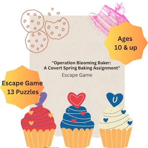 Puede incluir: Juego de escape para mayores de 10 años con temática de repostería de primavera. El juego incluye 13 rompecabezas e ilustraciones de cupcakes y galletas.