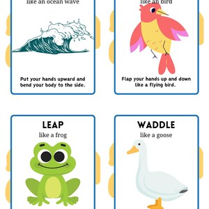 May include: Four colorful cards with instructions for a movement game. Each card features a different animal: a wave, a bird, a frog, and a goose. The cards have blue borders and yellow backgrounds.