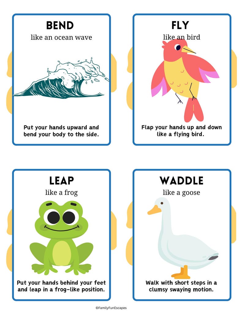 May include: Four colorful cards with instructions for a movement game. Each card features a different animal: a wave, a bird, a frog, and a goose. The cards have blue borders and yellow backgrounds.