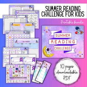 May include: A printable summer reading challenge for kids with a space theme. The printable pack includes a reading log, bingo card, story sequence activity, space explorer hunt, certificate, and bookmarks. The text on the image reads "Summer Reading Challenge for Kids" and "Printable Bundle".