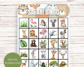 May include: A digital Safari Bingo game card featuring watercolor illustrations of various safari animals and plants. The game card includes the text "SAFARI BINGO GAME" at the top and "DIGITAL DOWNLOAD" in a green circle at the bottom.