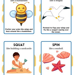 May include: Four colorful cards with instructions for a summer-themed movement game. Each card features a different animal or object and a corresponding action to mimic. The cards are titled "Buzz", "Soar", "Squat", and "Spin".