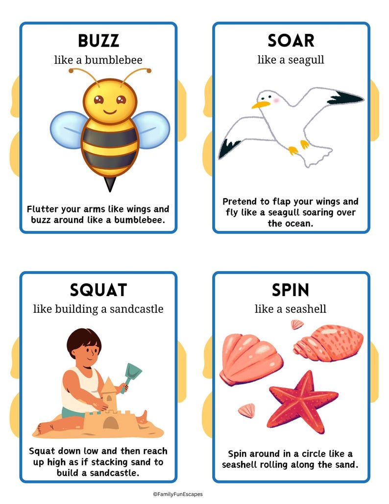 May include: Four colorful cards with instructions for a summer-themed movement game. Each card features a different animal or object and a corresponding action to mimic. The cards are titled "Buzz", "Soar", "Squat", and "Spin".
