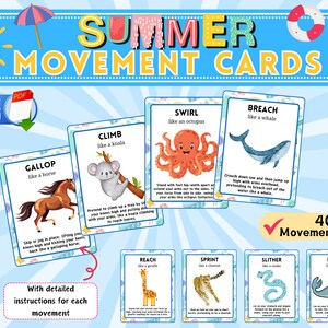 May include: A set of 40 colorful movement cards featuring animals and instructions for each movement. The cards are designed for kids and have a summer theme. The text on the cards reads "Summer Movement Cards".