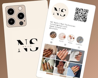 May include: A white business card with a black logo that says "NS NAILS". The card also includes contact information for NC Nails, a nail technician, including their email address, website, and social media handle. The card also includes a QR code and a grid of images showcasing different nail designs.