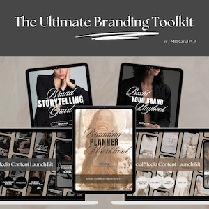 May include: A digital branding toolkit with five different digital products: a brand storytelling guide, a brand playbook, a branding planner workbook, and two social media content launch kits. The products are displayed on a laptop and tablet screens.