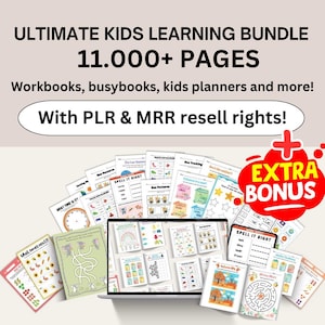 Könnte beinhalten: Ein ultimatives Lernpaket für Kinder mit über 11.000 Seiten Arbeitsheften, Beschäftigungsbüchern und Kinderplanern. Das Bild zeigt einen Laptop mit Beispielseiten und eine "EXTRA BONUS"-Grafik.