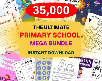 Könnte beinhalten: Eine Sammlung von Grundschul-Arbeitsheften und Lernmaterialien. Das Bild zeigt verschiedene Arbeitsblätter, darunter Mathematik, Nachzeichnen und Handschriftübungen. Ein großes rotes Oval zeigt die Zahl "35.000". Der Text "THE ULTIMATE PRIMARY SCHOOL MEGA BUNDLE" ist ebenfalls sichtbar.