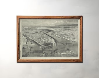 May include: A vintage black and white illustration of the city of New York from an aerial perspective. The image shows the city's streets, buildings, and waterways, including the East River and the Hudson River. The text "THE CITY OF NEW YORK" is printed at the bottom of the image.