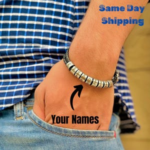 Engraved Leather Bracelet for Men: Personalized Stainless Steel Beads