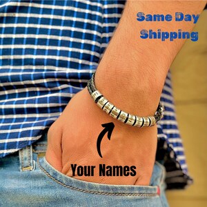 Personalized mens leather bracelet with beads, kids name bracelet, mens personalized gift, mens bracelet, anniversary gift, birthday gift
