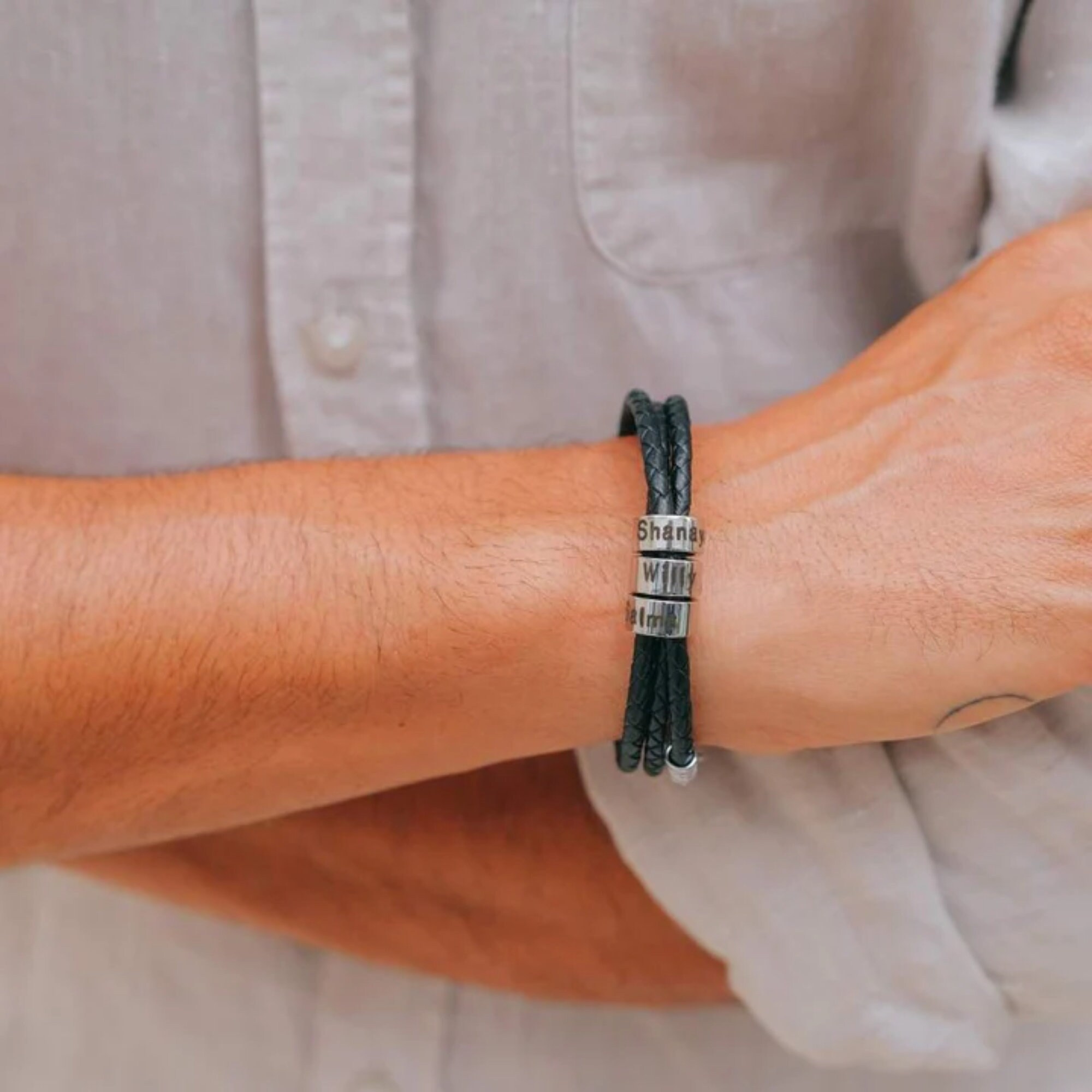 Personalized Men's Bead Bracelet - Custom Name/Initial With Malachite, Tiger Eye, Lava Stone (Grey, 2 Beads)