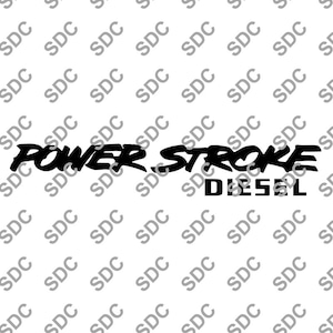Op de afbeelding: Zwarte afbeelding met de woorden "POWER STROKE DIESEL" in een vet, gestileerd lettertype. De tekst is gecentreerd en lijkt een logo of sticker te zijn, waarschijnlijk voor een voertuig of een gerelateerd product.
