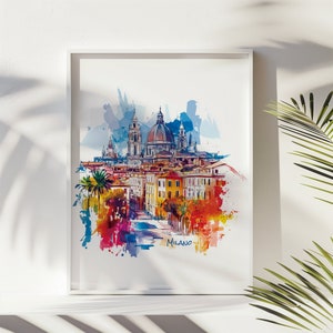 Milan Skyline Watercolor Print: Italy Travel Poster (Digital Download)