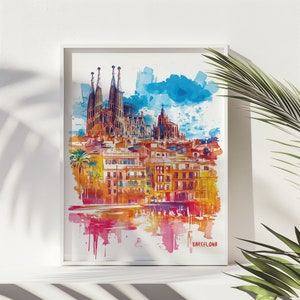 Aquarelle de Barcelone, cadeau de voyage, affiche de la ville imprimable, téléchargement numérique, cadeau de mariage, affiche de voyage personnalisée en Europe, décoration d'intérieur