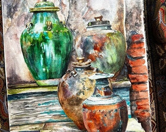 14x11 Earth-tones Rustic Bohemian Pots Painted with Mineral and Semiprecious Gemstone Paints