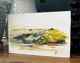 Alligator and Butterflies Watercolor Painting - Original Art (4x6) Mounted