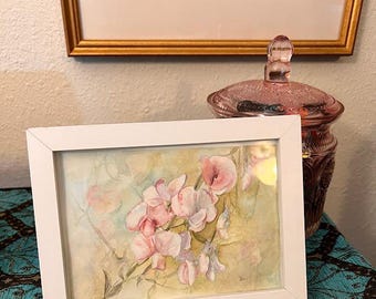Vintage Style Sweet Pea Watercolor Painting, April Birth Flower