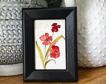 Red Flowers - 2x3 Framed Mini original watercolor in black frame