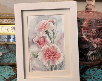 Original Carnation Watercolor Painting, January Birth Flower, 4x6 Small Art