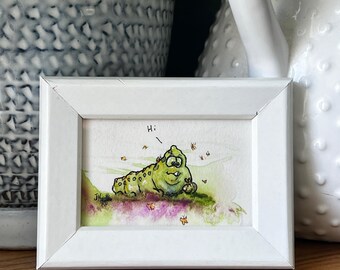 Friend? - 2x3 Framed Mini original watercolor in white frame