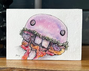 Watercolor Cheeseburger Painting – Contemporary Weird Art, 4x6 Mounted