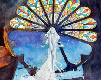Broken Glass - 12x12” original watercolor haunted chapel painting