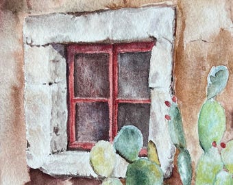 Rustic Cactus by a Window - 8x6" Cozy Contemporary Original Painting