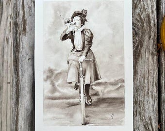 Sepia Bicycle Lady, Original Watercolor Painting (10x7)