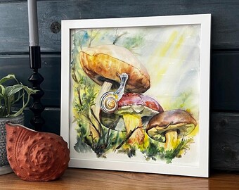 After Rain - 12x12 original watercolor of a snail and mushrooms