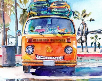 Van Life, Original Painting - 9x12" Orange Van on a Summer Beach with a Customizable Vanity Plate