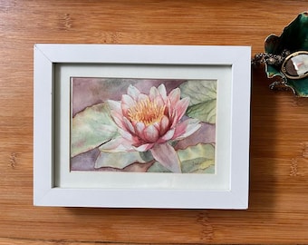 Vintage Water Lily Watercolor Painting, July Birth Flower, Dusty Rose Floral Art