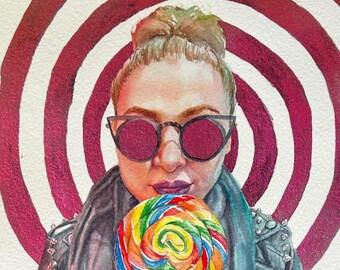 Sugar! - 7x10" Hypnotic Girl With Candy - Original Watercolor Artwork with color-shifting embellishments