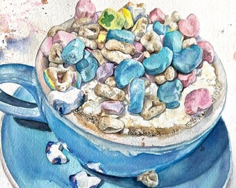 Breakfast Cereal Latte Watercolor Painting – 8x8" Original Art